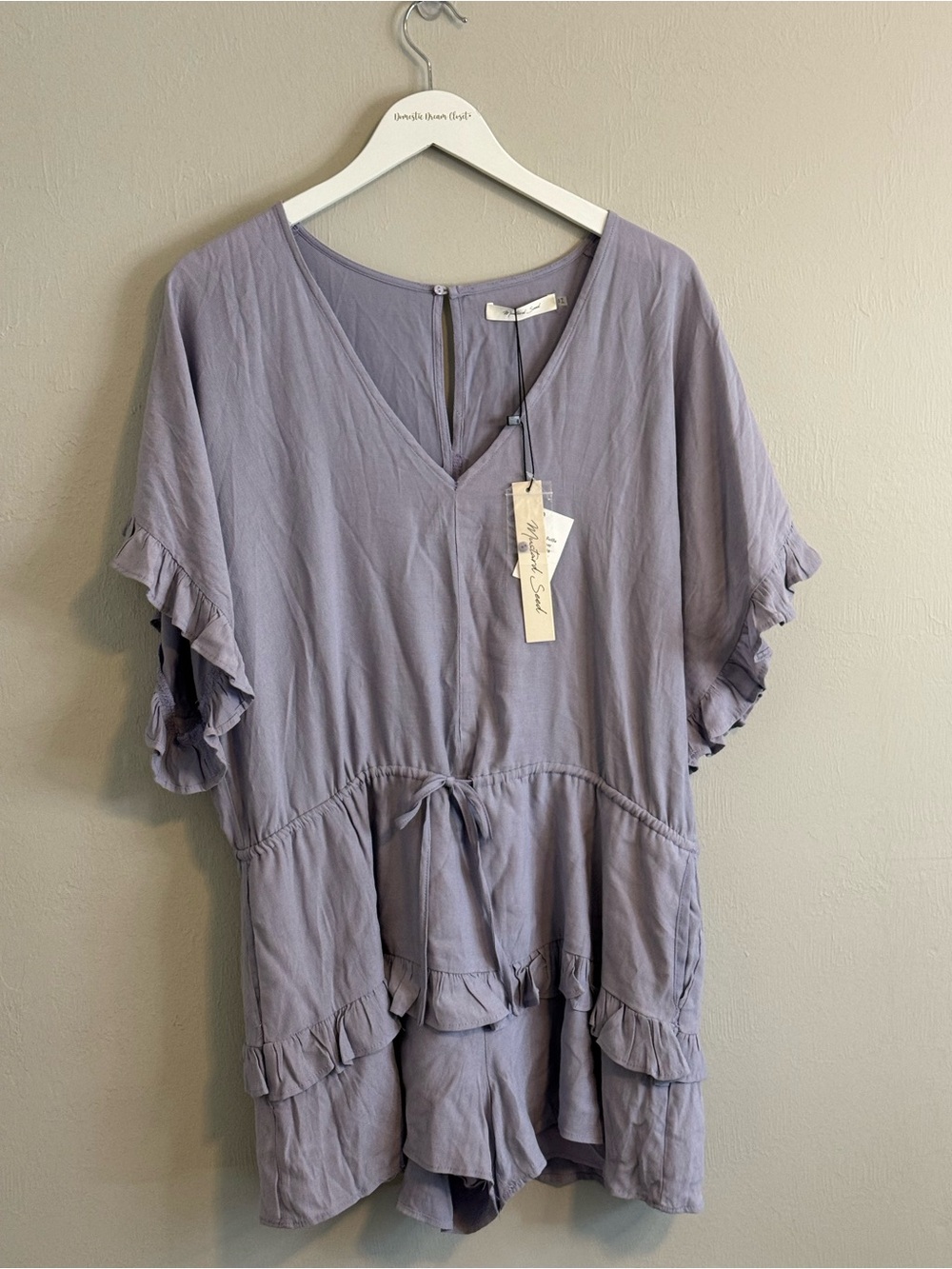 New MUSTARD SEED Women’s Gray Blue DOVE Ruffled Romper Drawstring Waist Size S